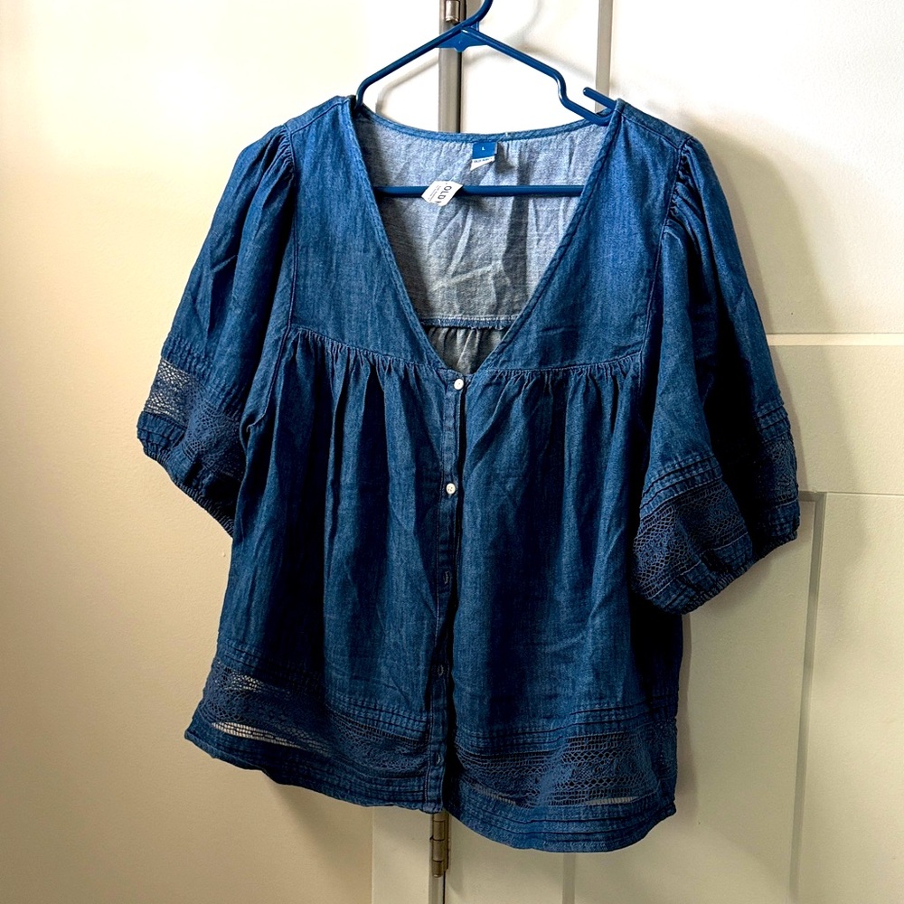 Old Navy Denim Blue Blouse with Lace Accents